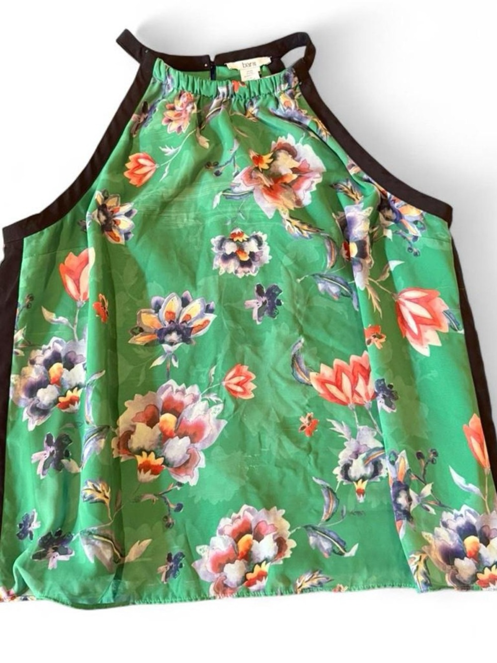 Bar III Green Floral Halter Top with Black Trim